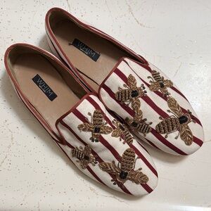 WHIM New York Women's Striped Beaded Bee Embroidered Loafers Red and White 40 9